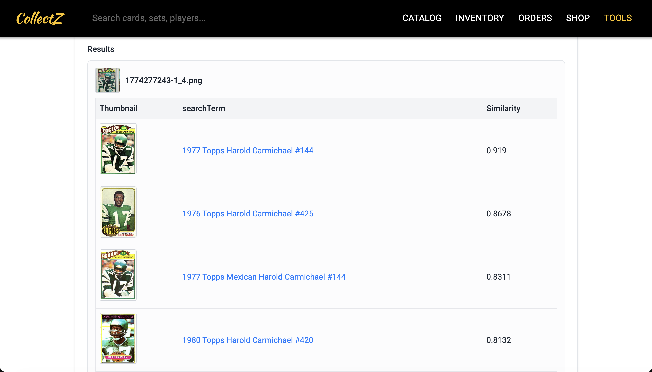 Card Identifier search results on Collectz