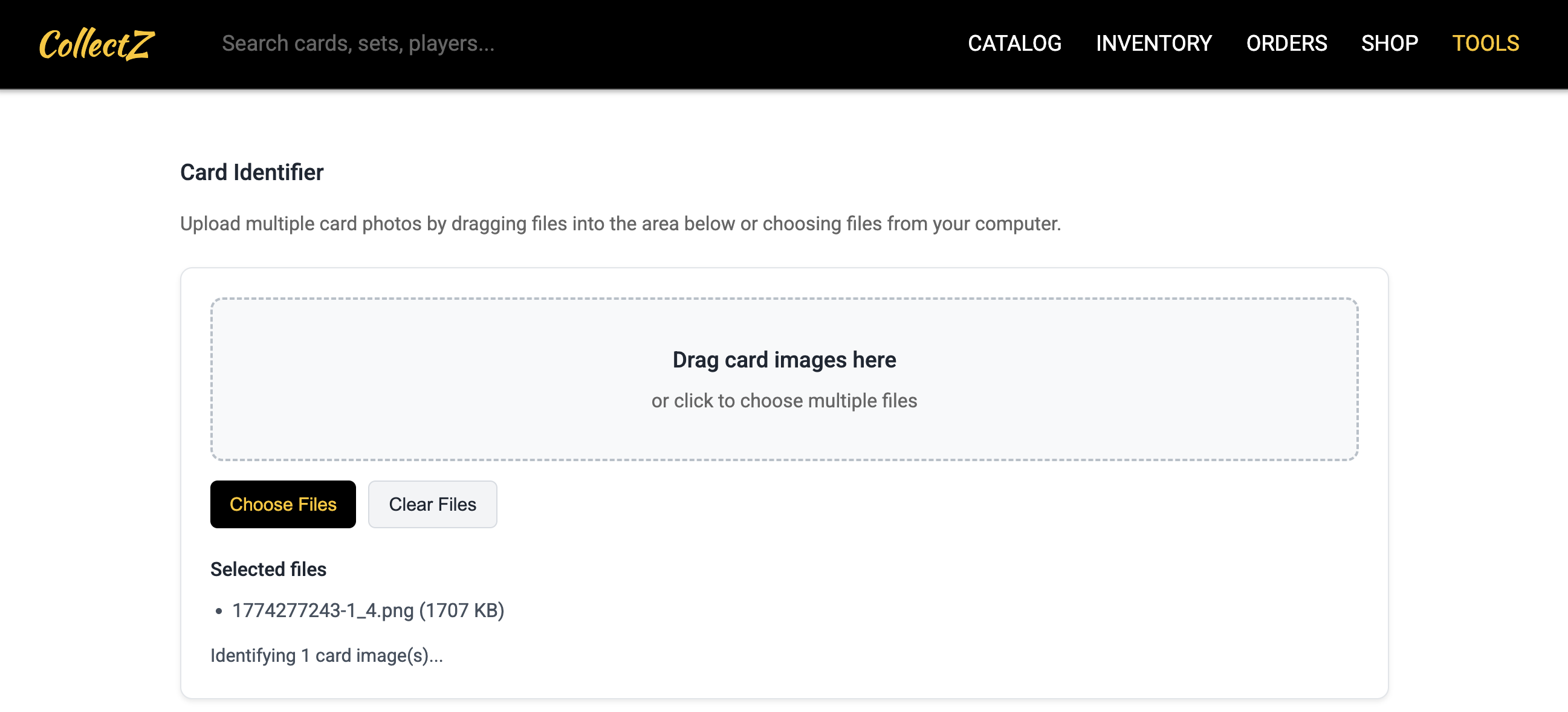 Card Identifier upload interface on Collectz