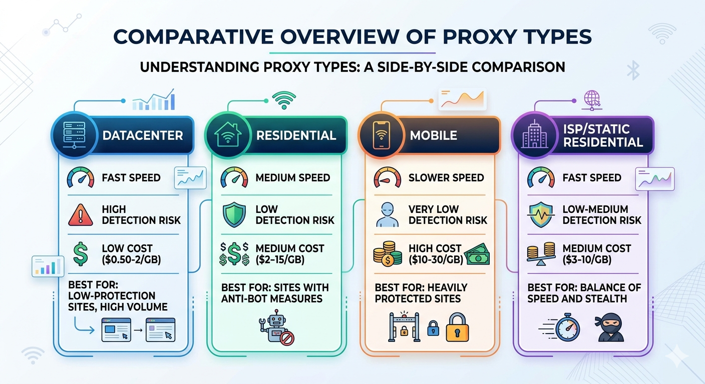 Comparison table of proxy types showing speed, detection risk, cost, and best use cases