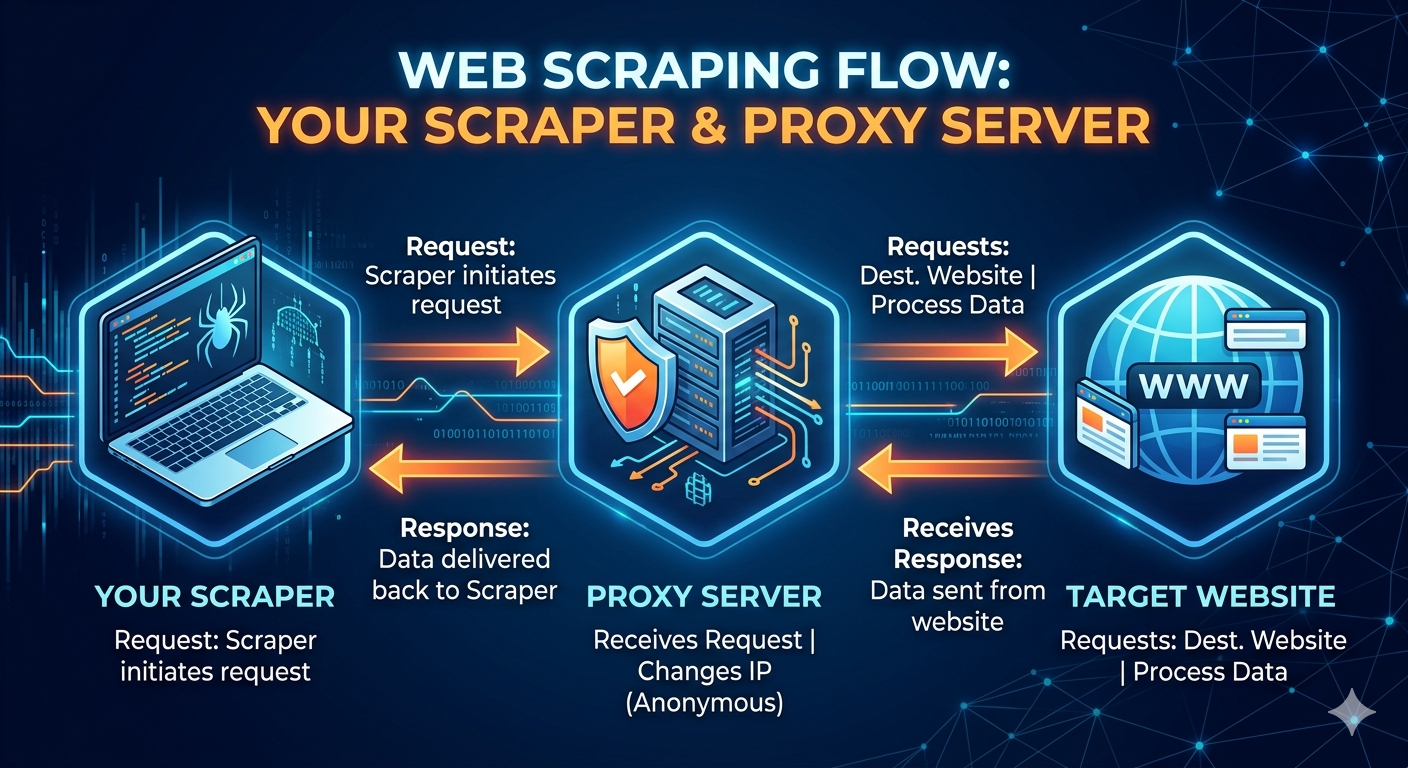 Proxy flow diagram showing requests routed through a proxy server